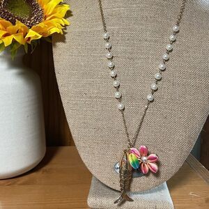 Betsey Johnson Gold Necklace with Fish and Pink Flower Pendant NWT #BJNK